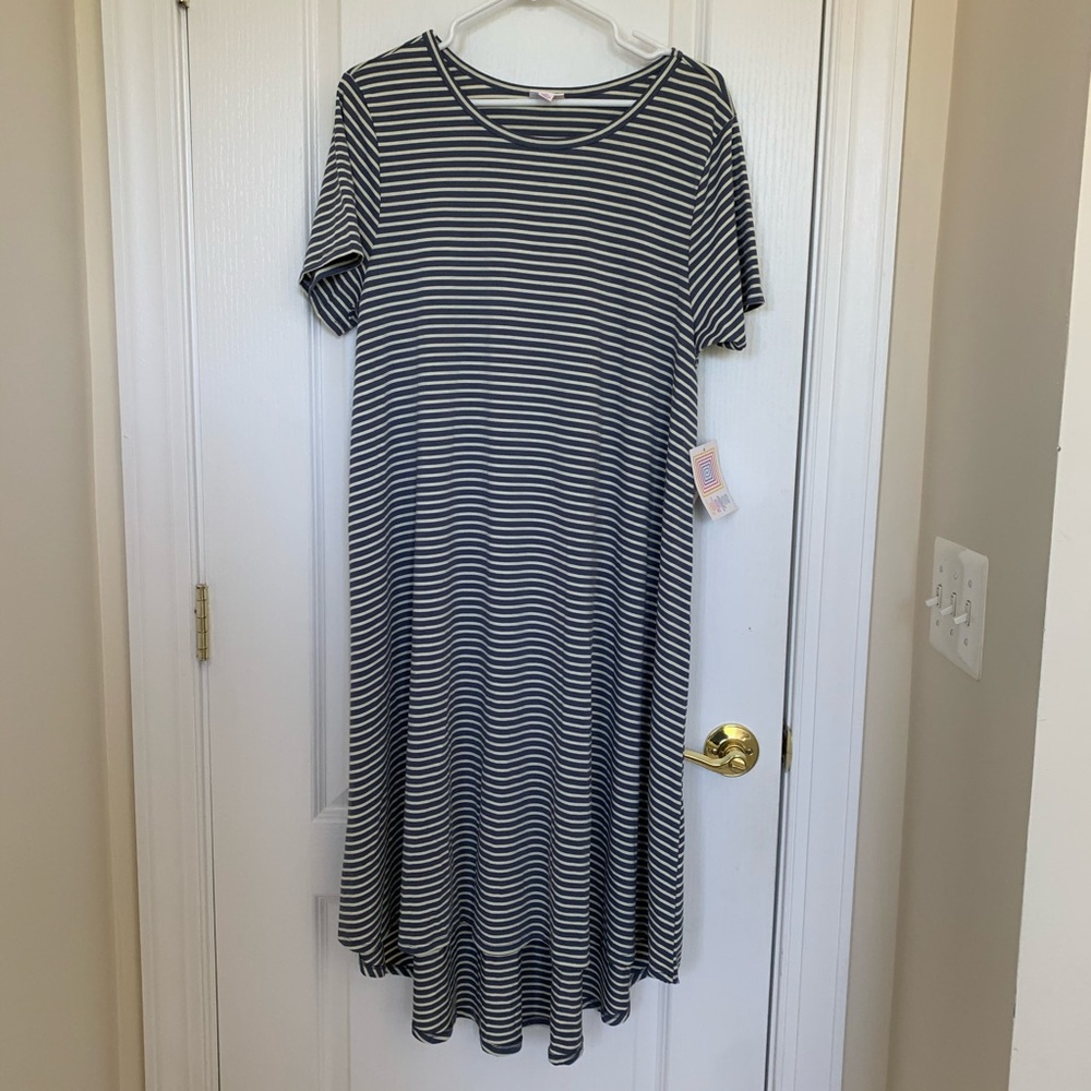 LuLaRoe Carly Dress: XL Blue and Cream Stripes